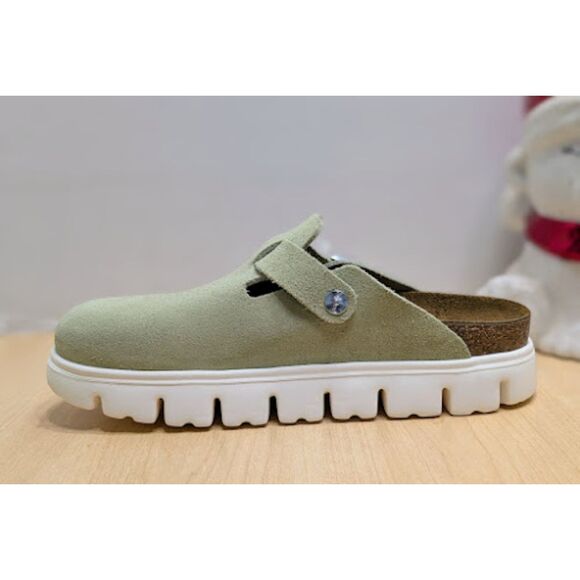 Birkenstock Papillio Boston Chunky Faded Lime Suede Leather Platform Clogs NWT - Picture 8 of 13